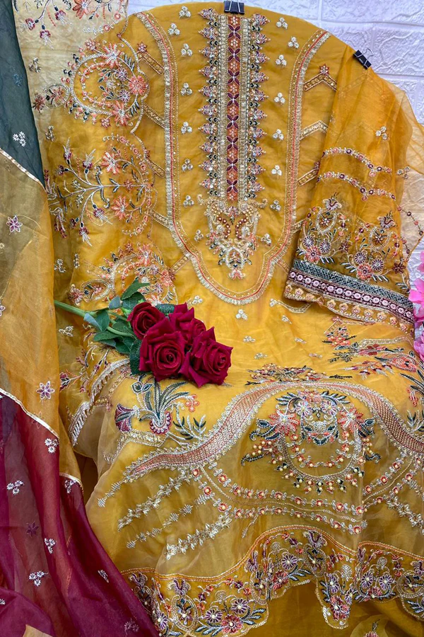 Yellow Latest pakistani salwar with Multicolor Dupatta work - Image 2