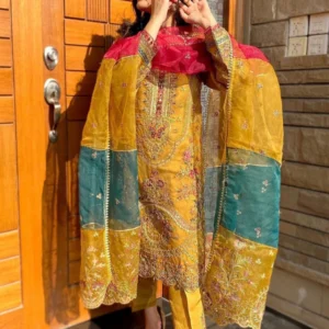 Yellow Latest pakistani salwar with Multicolor Dupatta work
