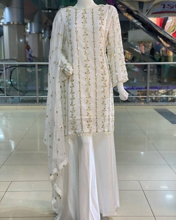 Faux Georgette Heavy Embroidery Sequence Work Top-Plazo & Dupatta Set