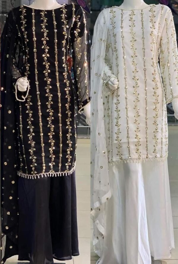 Faux Georgette Heavy Embroidery Sequence Work Top-Plazo & Dupatta Set - Image 2